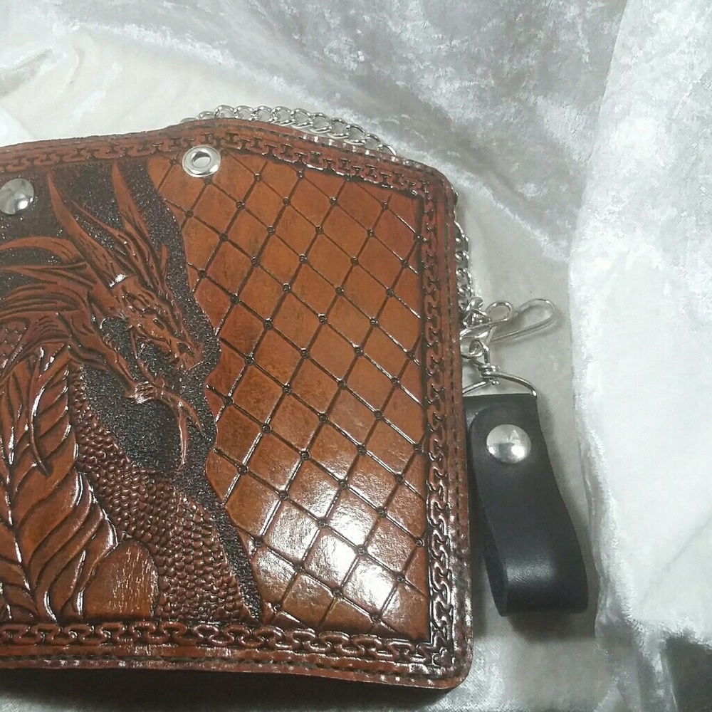 Hand Carved Leather Dragon Biker Wallet